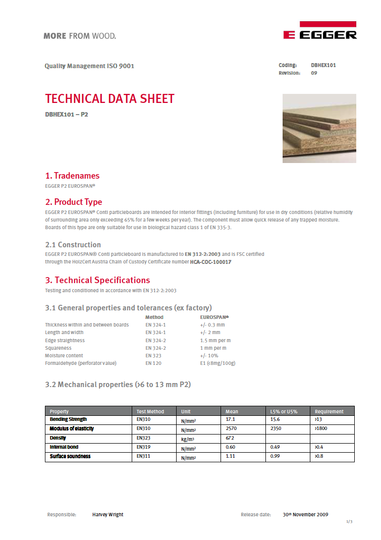 Cookstown Panel Centre Egger Plain Chipboard Data Sheet